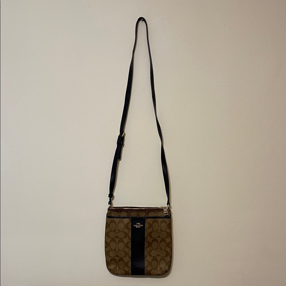 Coach Tan and Dark blue Signature Crossbody Bag